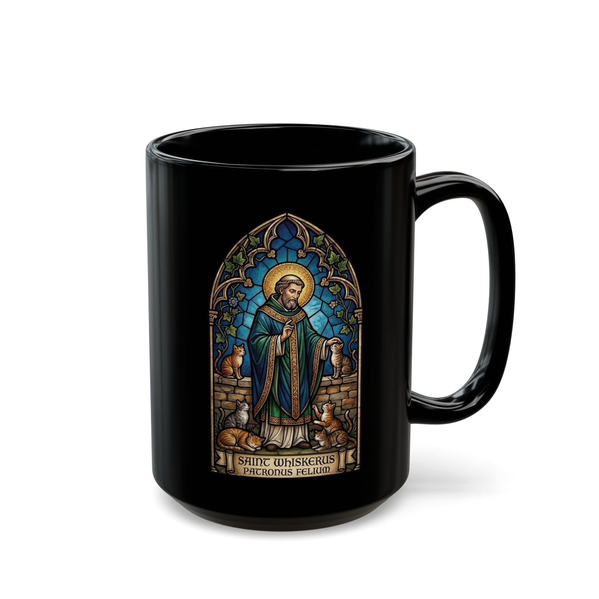 Patronus Felium 'Saint Whiskerus' Black Mug