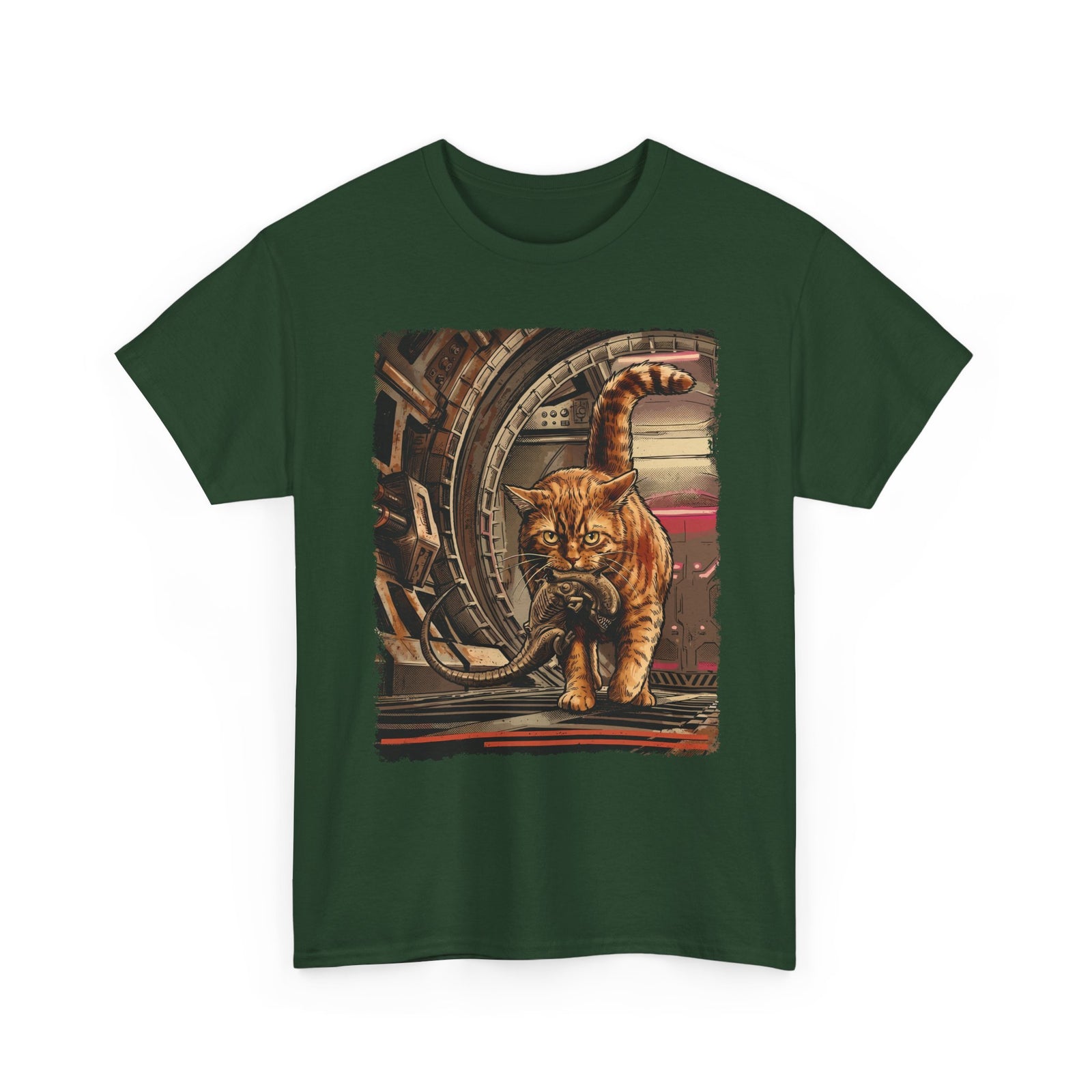 Sci-Fi Pest Control Cat T-Shirt — Alien Hunter Orange Tabby Graphic