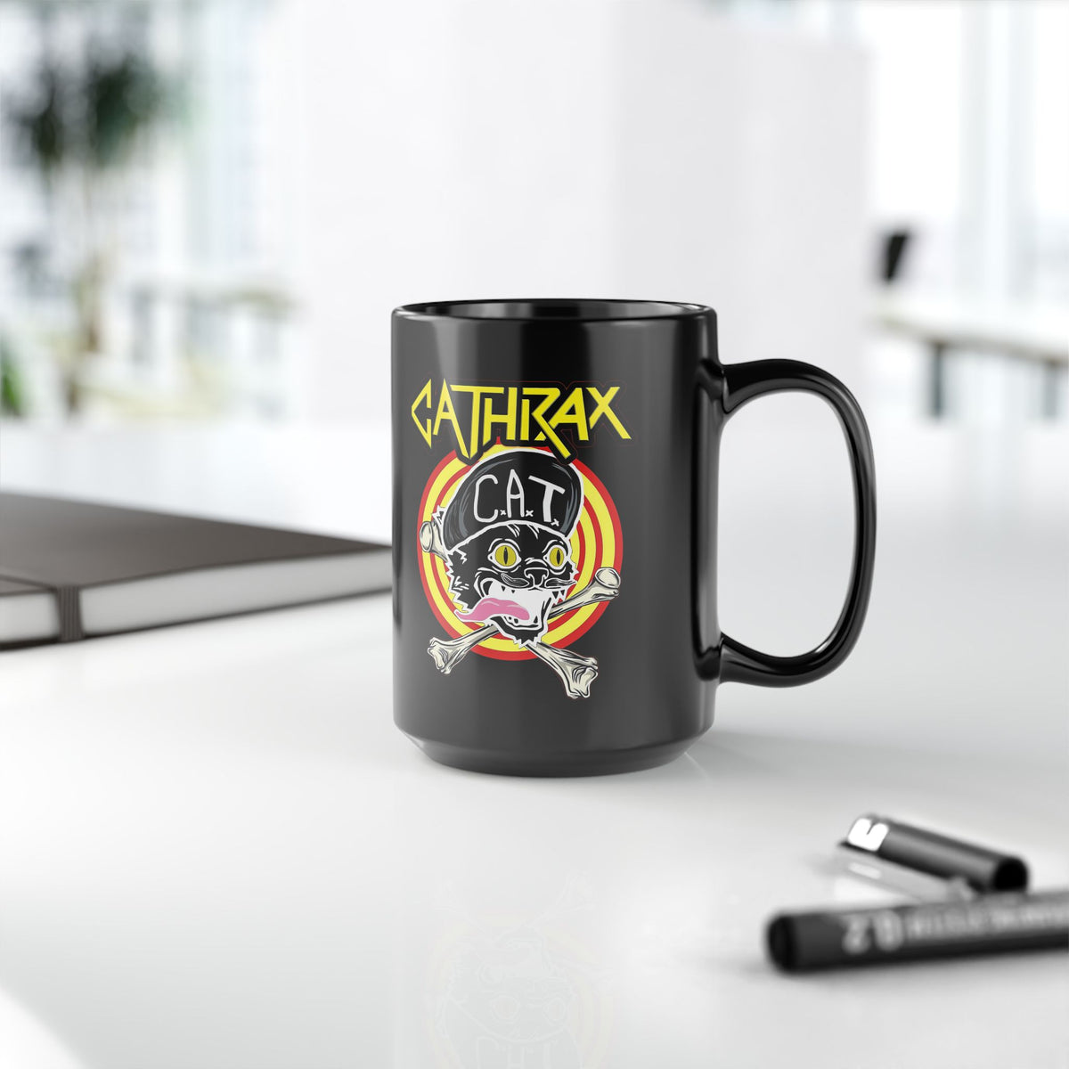 Cathrax Parody Cat Black Mug — Heavy Metal Band Cat Graphic Mug