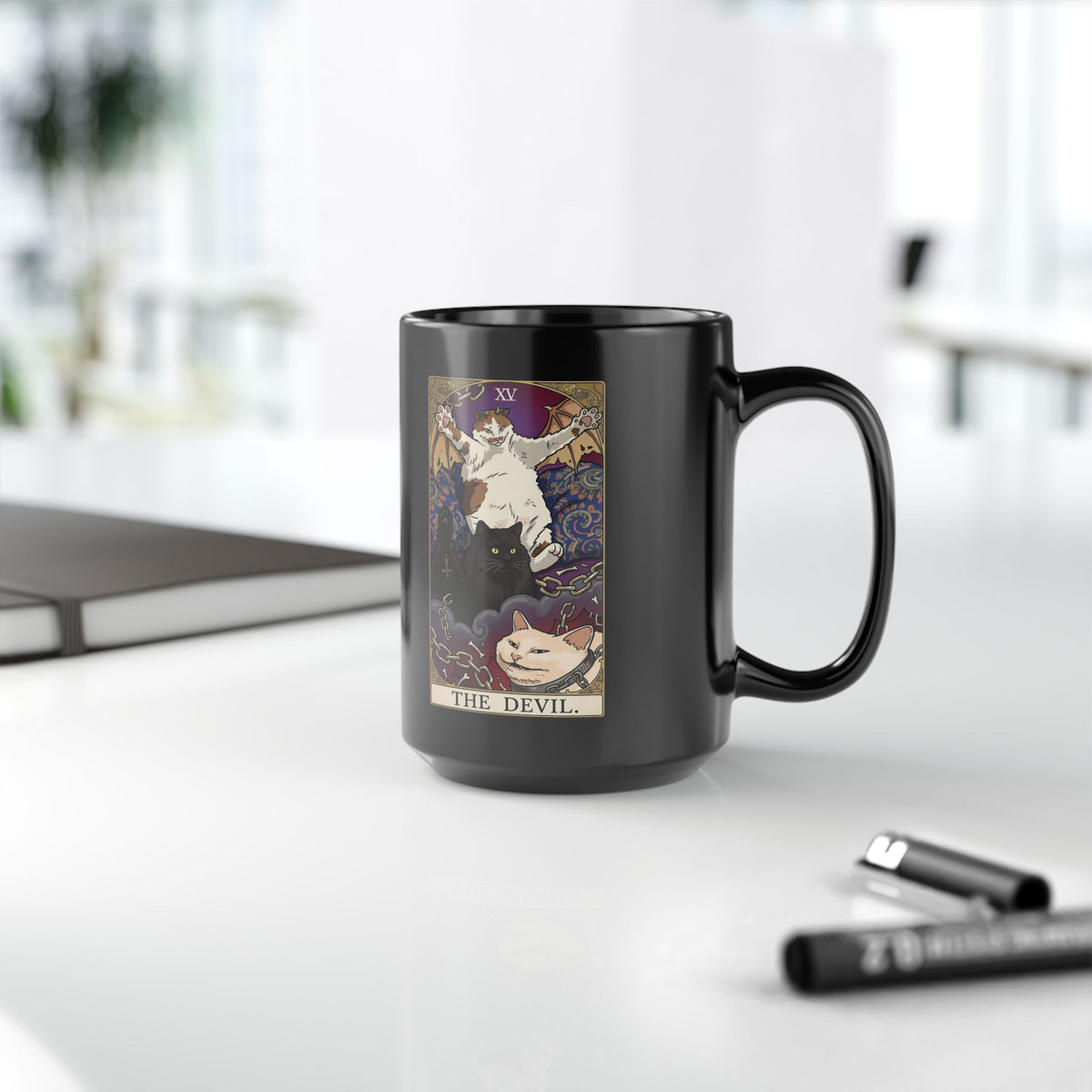 The Devil Cats Tarot Black Mug — Mystical Cat Tarot Illustration