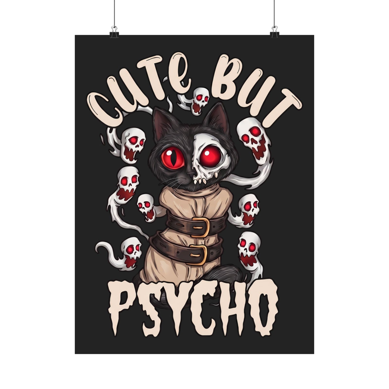 Cute But Psycho Poster — Funny Straightjacket Black Cat Horror Poster