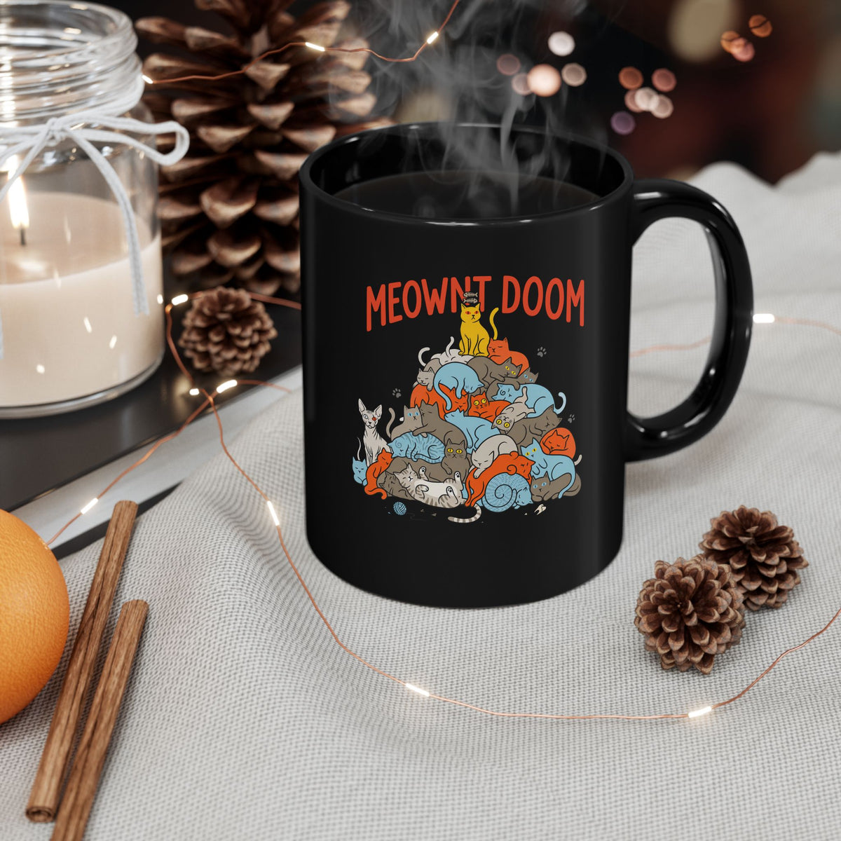 Meownt Doom Black Mug — Funny Cat 'meownt doom' Graphic Mug