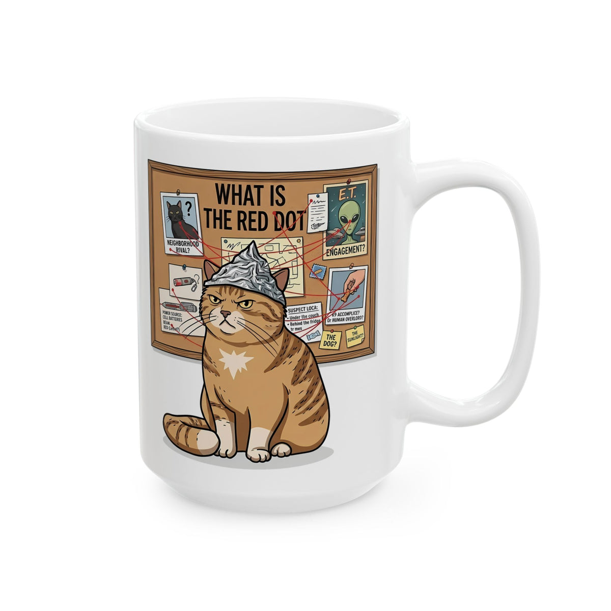 Funny Cat Conspiracy Mug "What Is The Red Dot?" Laser Pointer Humor