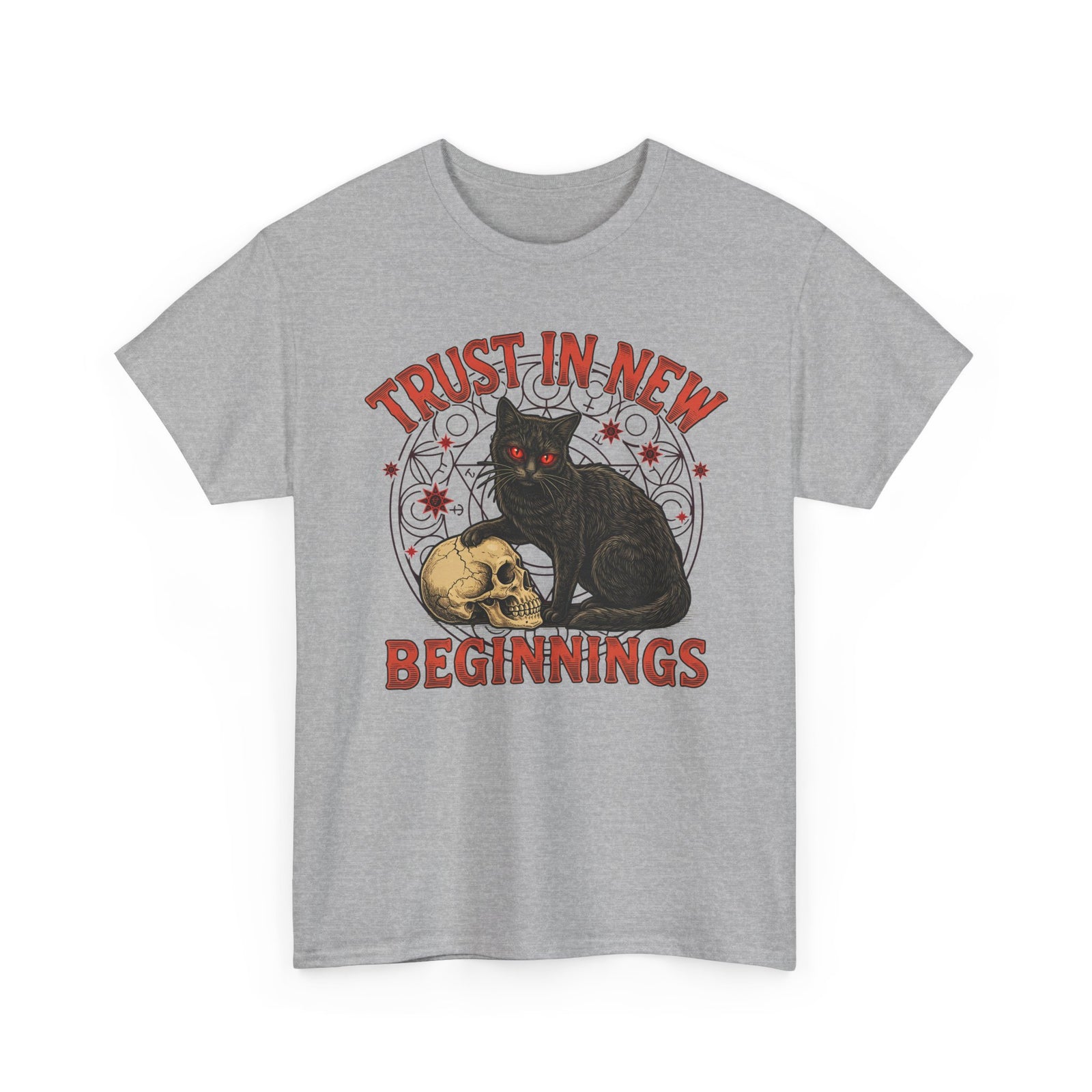 Trust In New Beginnings Cat T-Shirt — Occult Black Cat Skull Gothic Tee