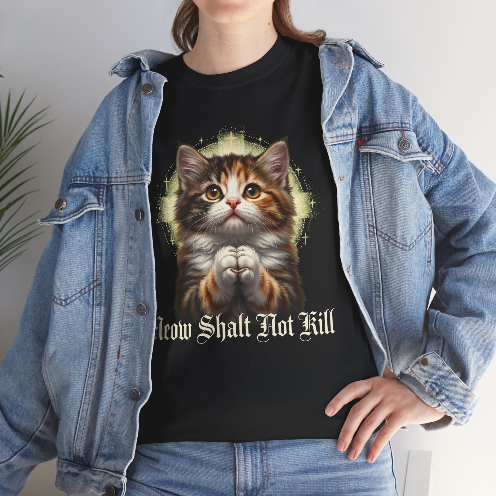 Praying Kitten T‑Shirt — "Meow Shalt Not Kill" Cute Vintage Cat Tee