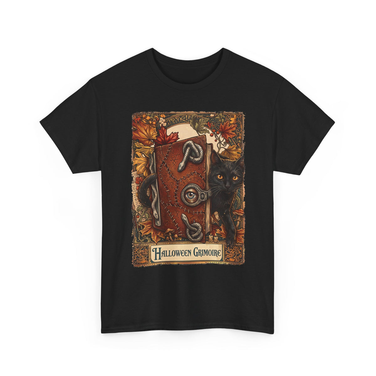 Halloween Grimoire Spellbook Black Cat T-Shirt — Witchy Autumn Magic Tee