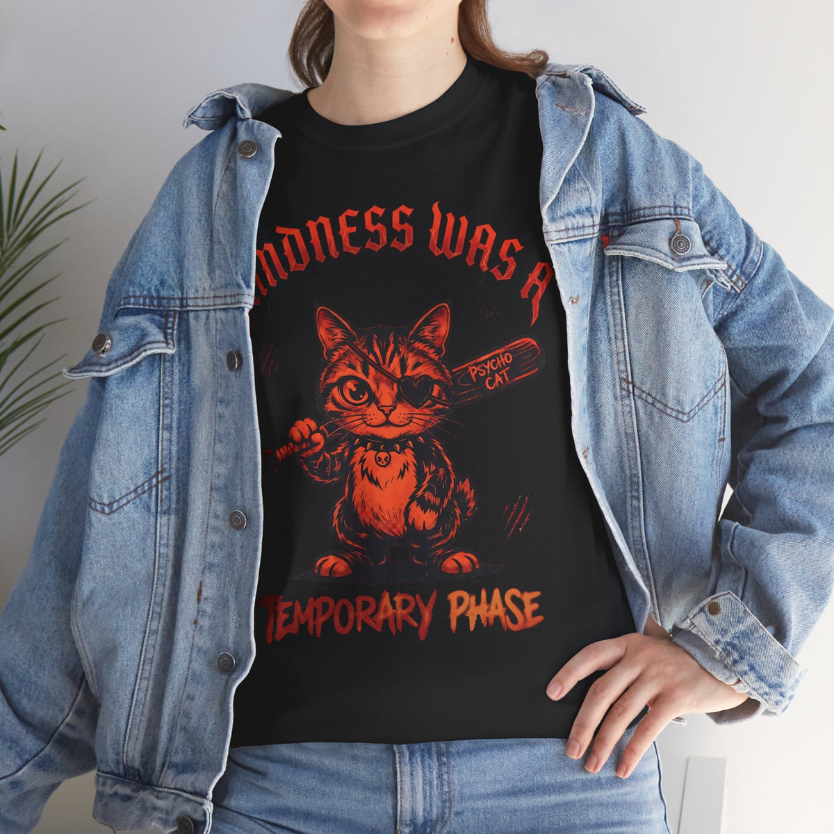 Kindness Was A Temporary Phase T-Shirt — Funny Psycho Cat Baseball Bat Tee