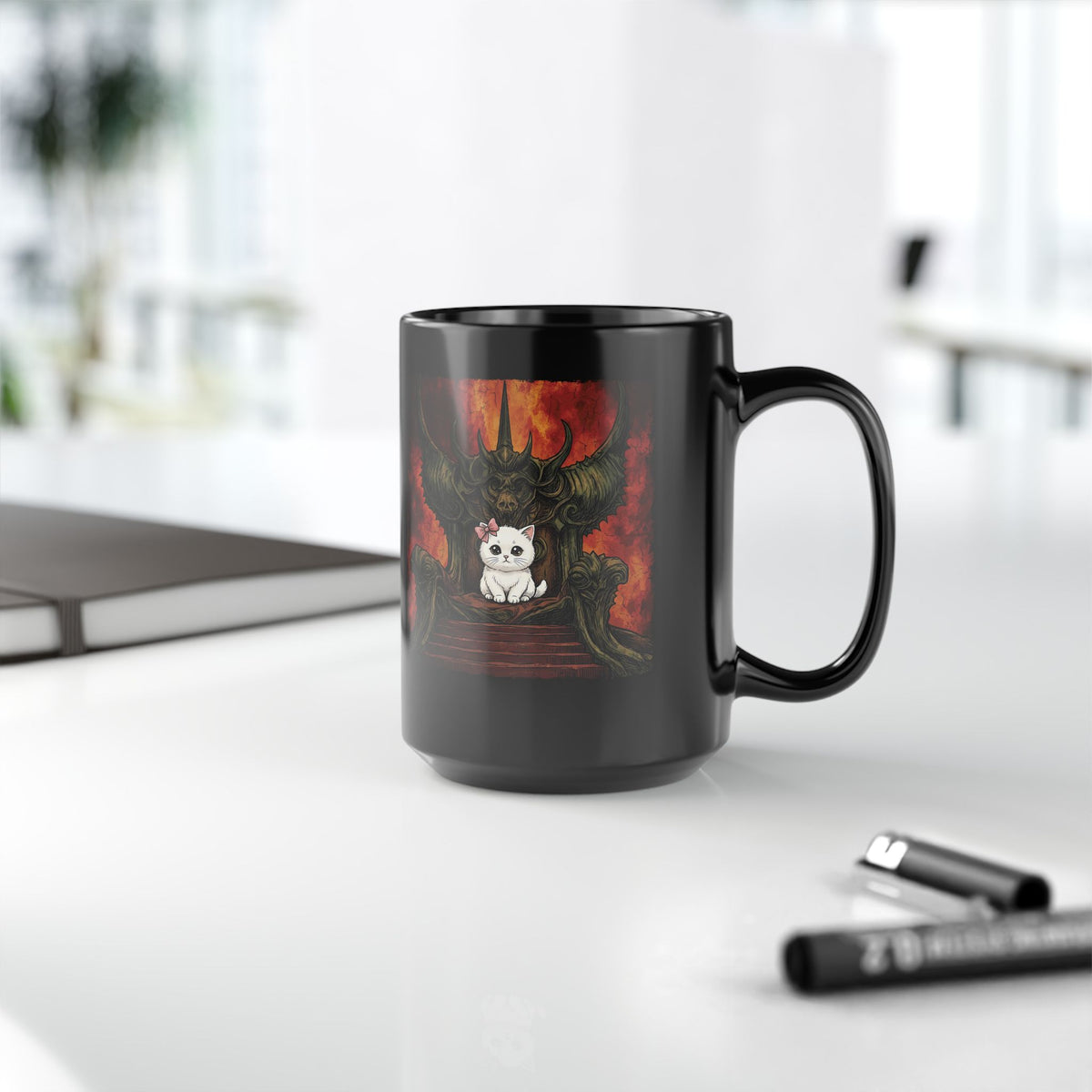 Evil Kitty Throne Kitten Black Mug — Cute Cat Dark Fantasy Graphic