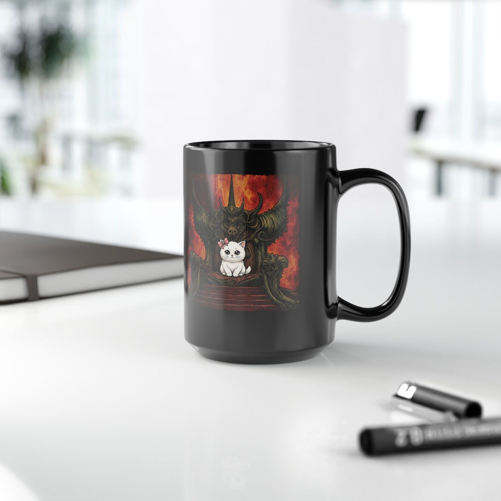 Evil Kitty Throne Kitten Black Mug — Cute Cat Dark Fantasy Graphic