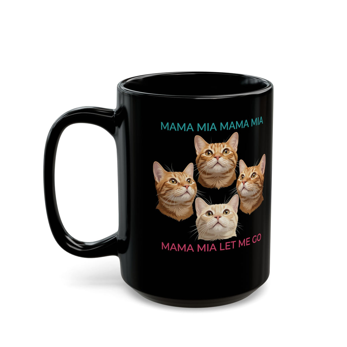 Funny Cat Rock Band Black Mug — "Mamma Mia Let Me Go" Parody