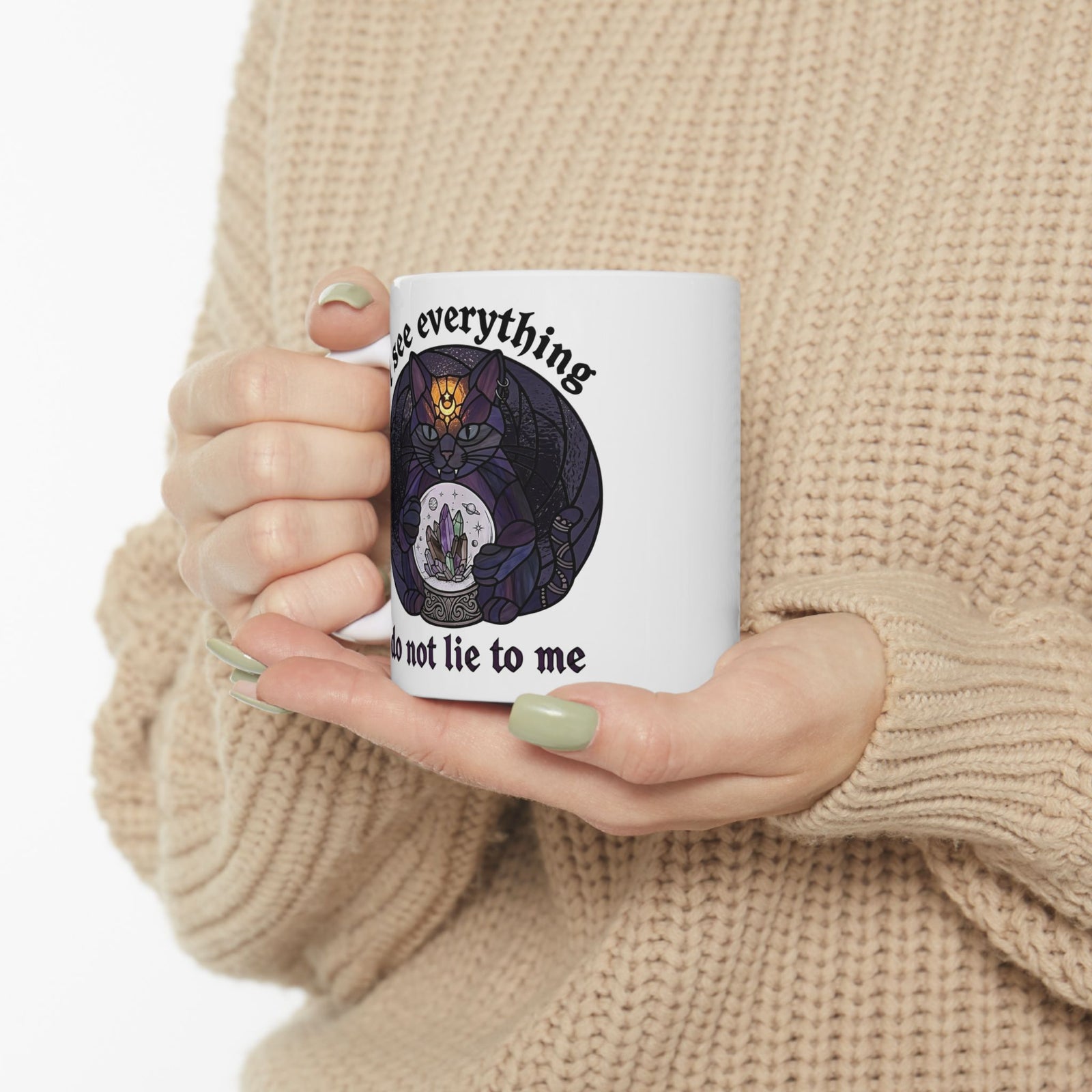 Mystic Fortune Teller Cat Ceramic Mug "I See Everything" Stained Glass Spiritual Kitten
