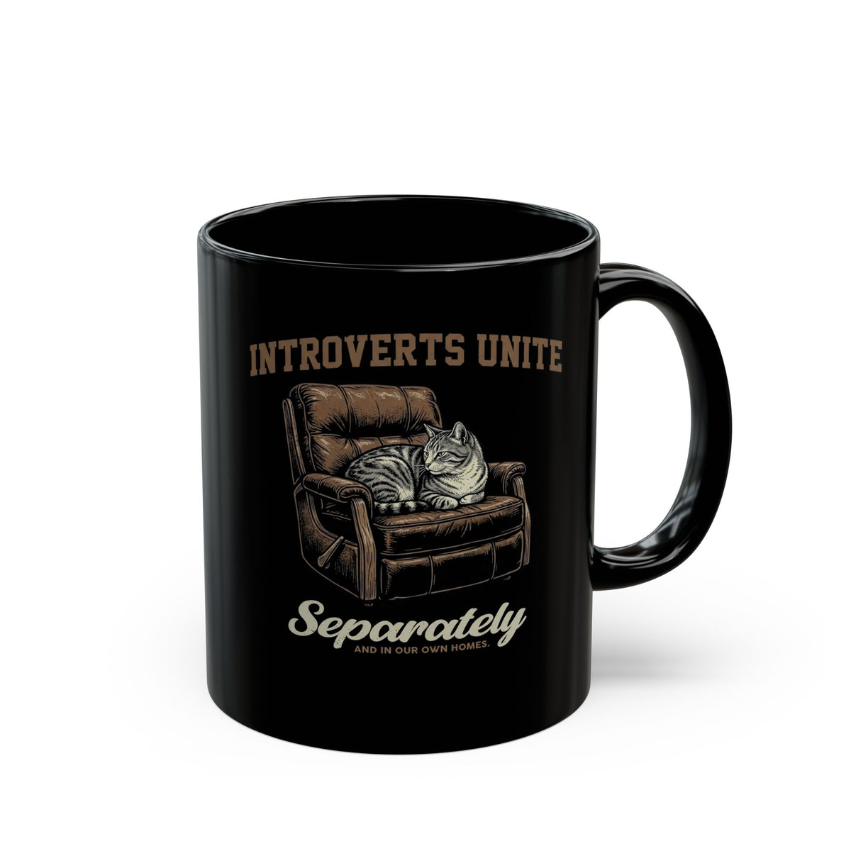 Introverts Unite Cat Black Mug — Funny Cat Graphic Mug for Introverts