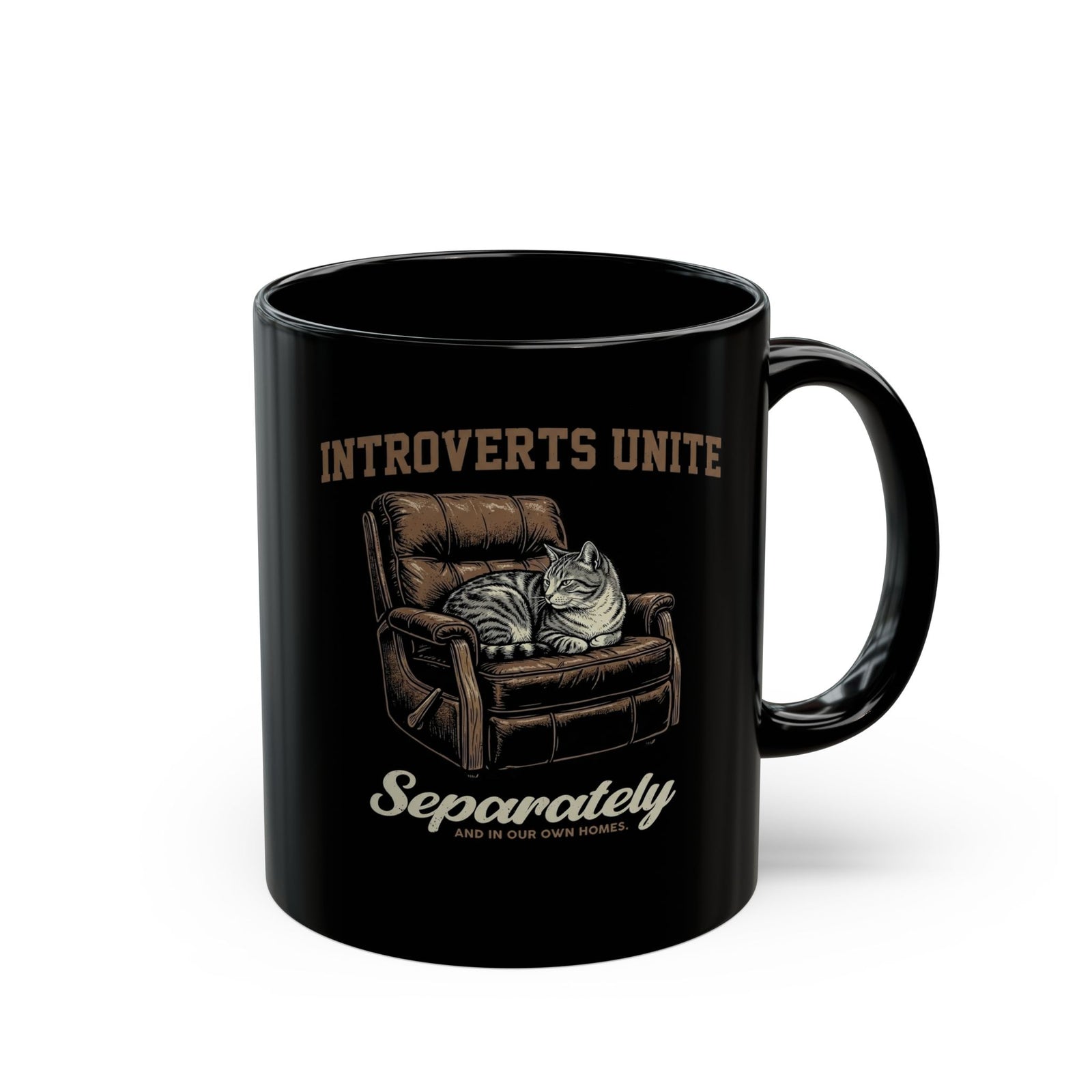Introverts Unite Cat Black Mug — Funny Cat Graphic Mug for Introverts