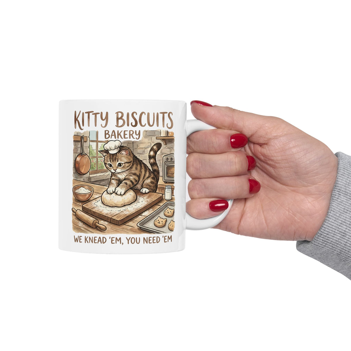 Kitty Biscuits Bakery Ceramic Mug — "We Knead 'Em We Need 'Em" Cat Bakery Mug