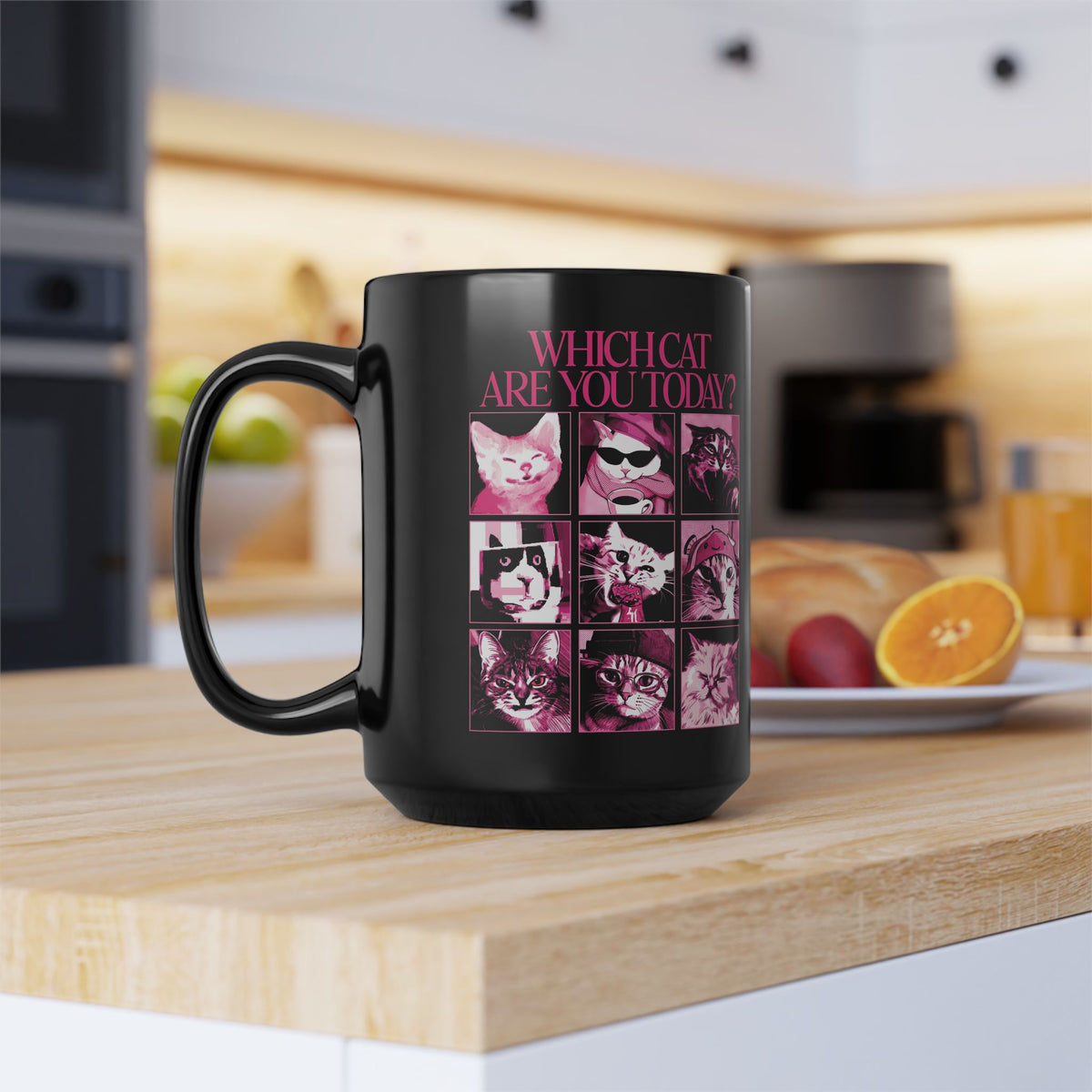 Cat Mood Chart Black Mug — Pink Pop Art Feline Expressions Graphic