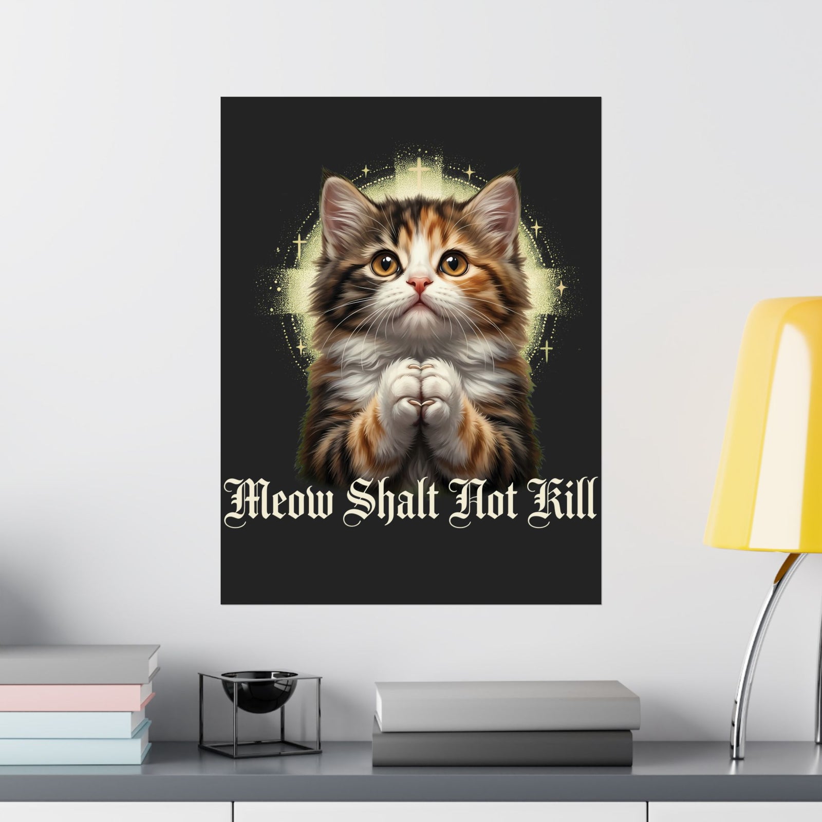 Praying Kitten T‑Poster — "Meow Shalt Not Kill" Cute Vintage Cat Poster