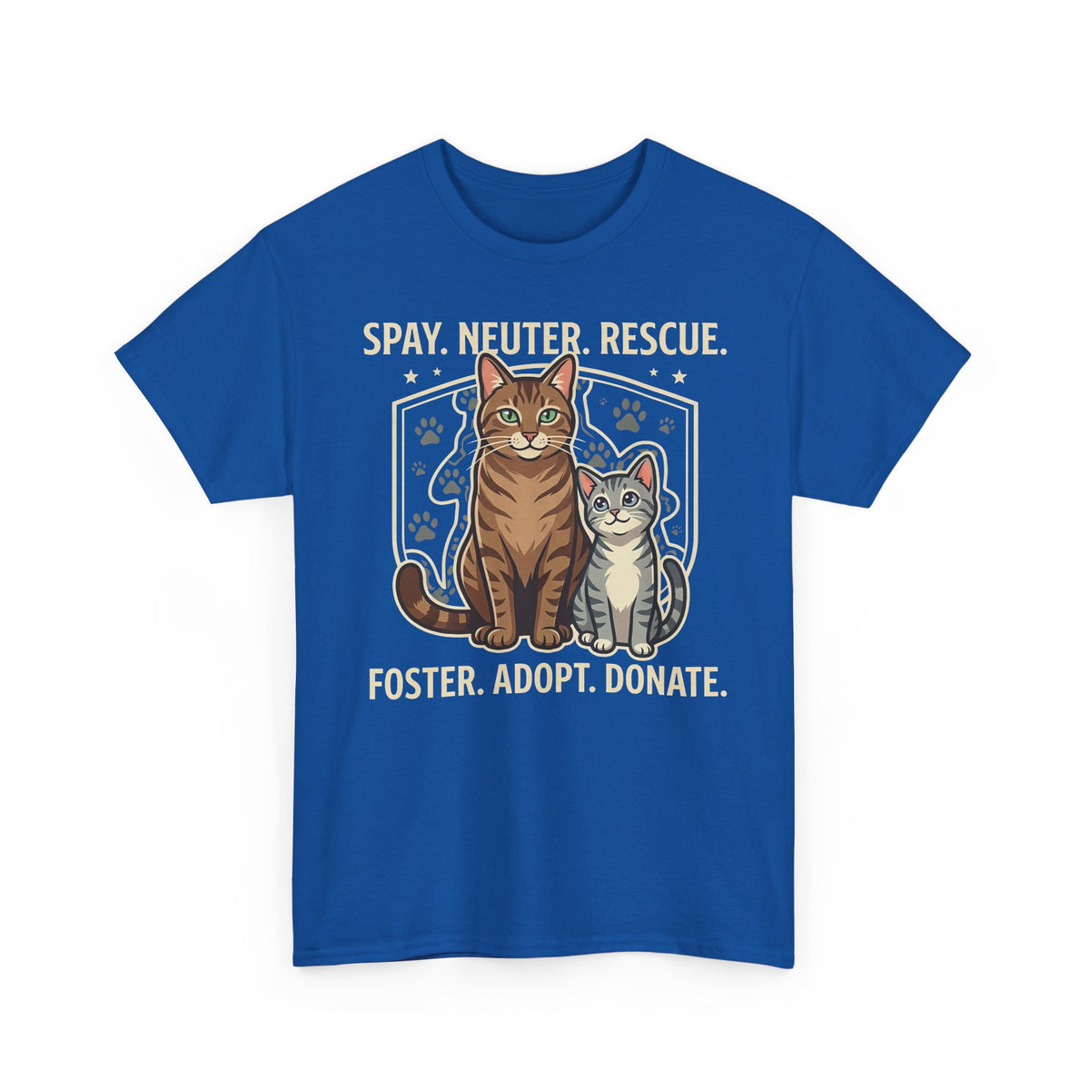 Cat Rescue T-Shirt - "Spay. Neuter. Rescue. Foster. Adopt. Donate." Animal Shelter Support Tee