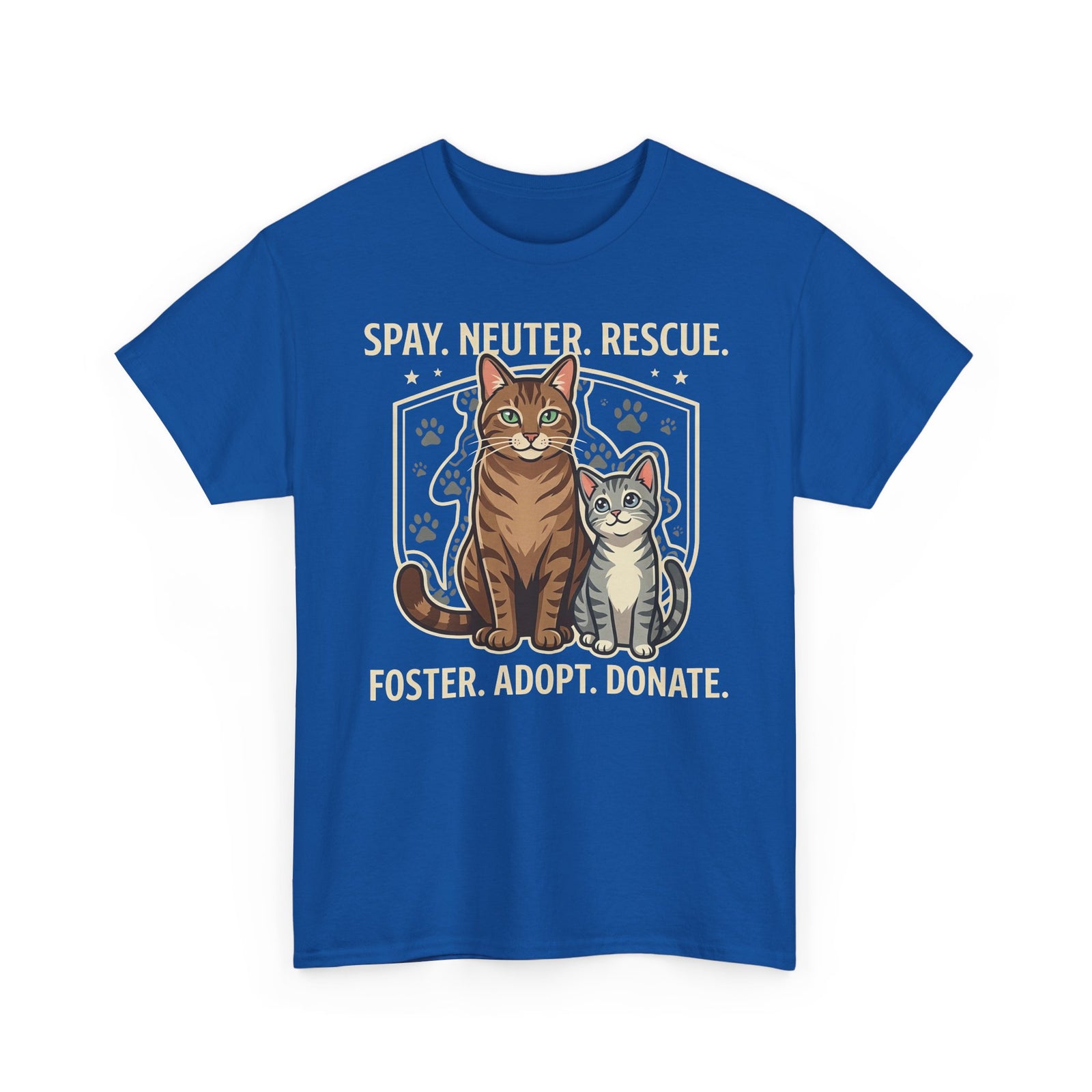 Cat Rescue T-Shirt - "Spay. Neuter. Rescue. Foster. Adopt. Donate." Animal Shelter Support Tee