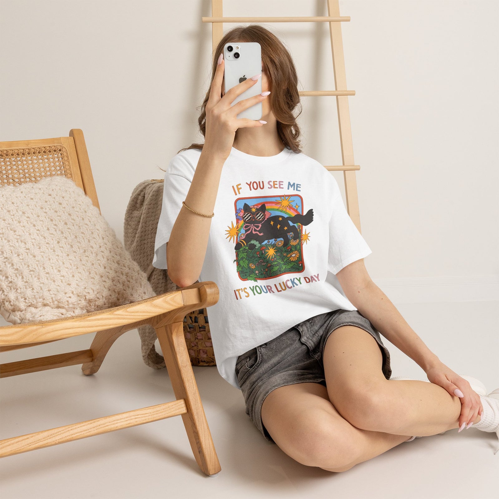 If You See Me It's Your Lucky Day T-Shirt — Retro Groovy Black Cat Rainbow Graphic Tee