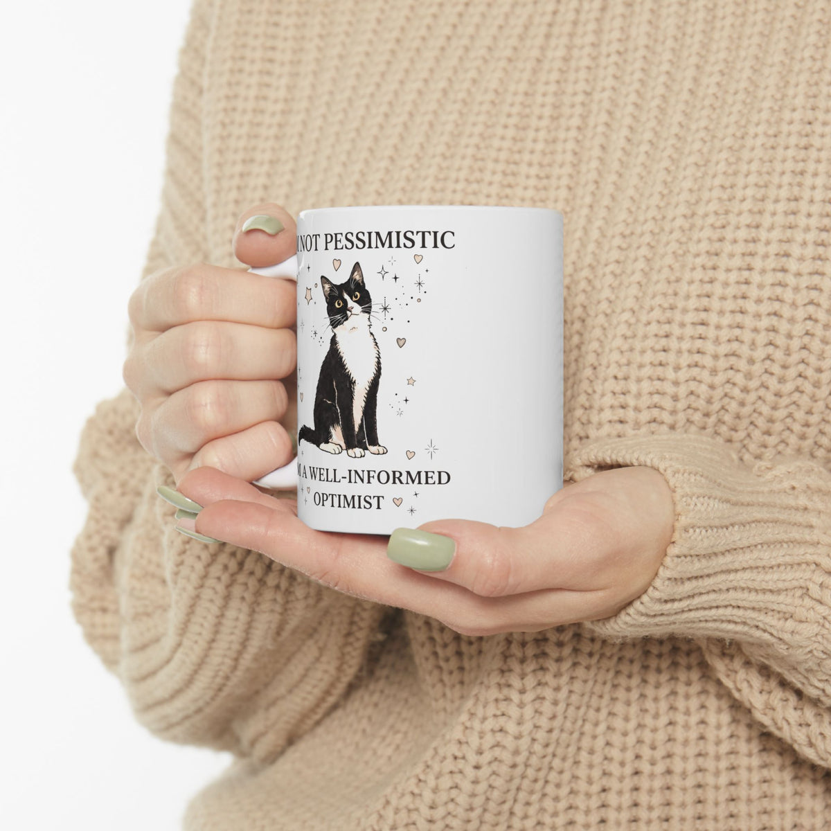 Well-Informed Optimist Tuxedo Cat Ceramic Mug — Funny Sarcastic Feline Graphic Mug