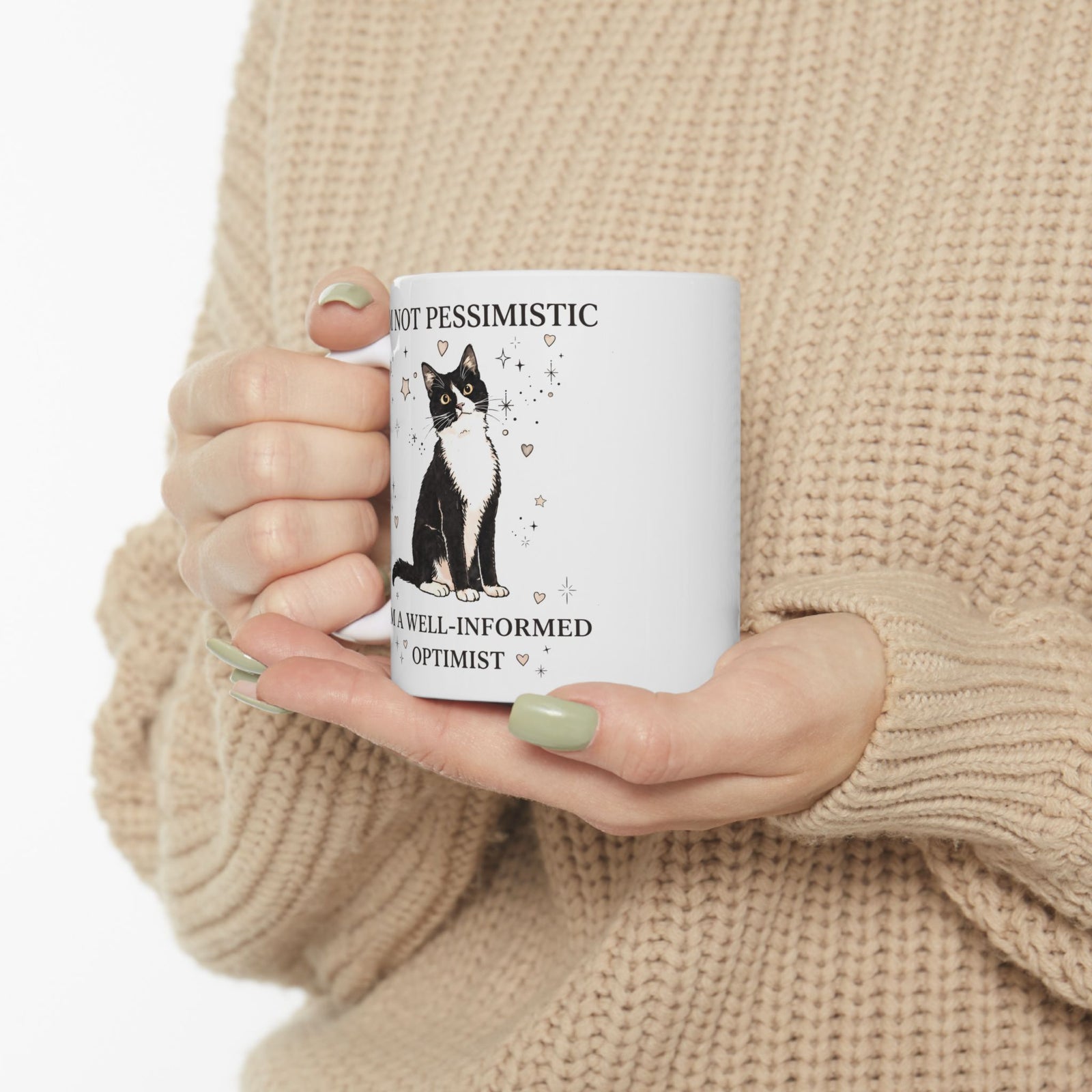 Well-Informed Optimist Tuxedo Cat Ceramic Mug — Funny Sarcastic Feline Graphic Mug