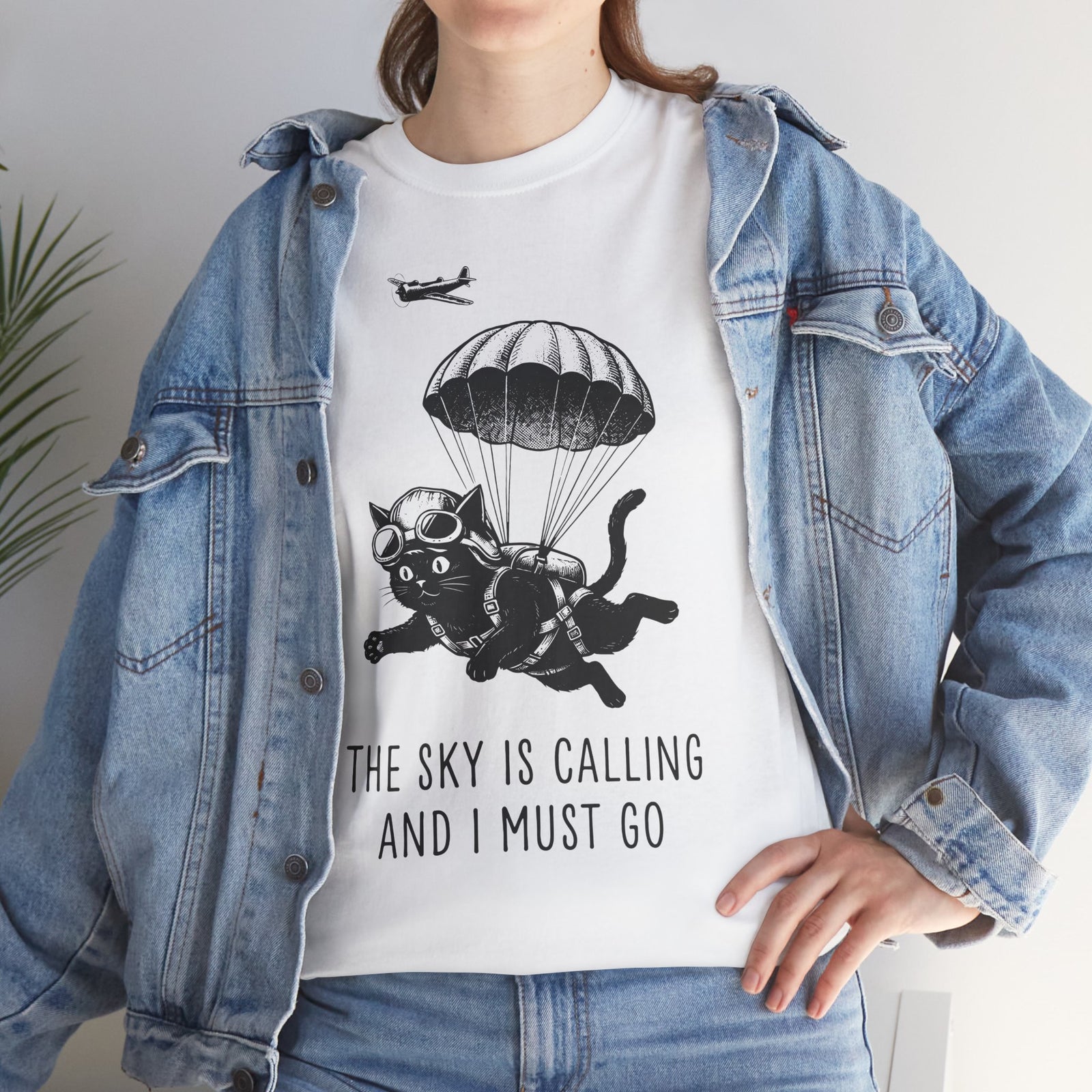 The Sky Is Calling And I Must Go T-Shirt — Funny Parachuting Black Cat Tee