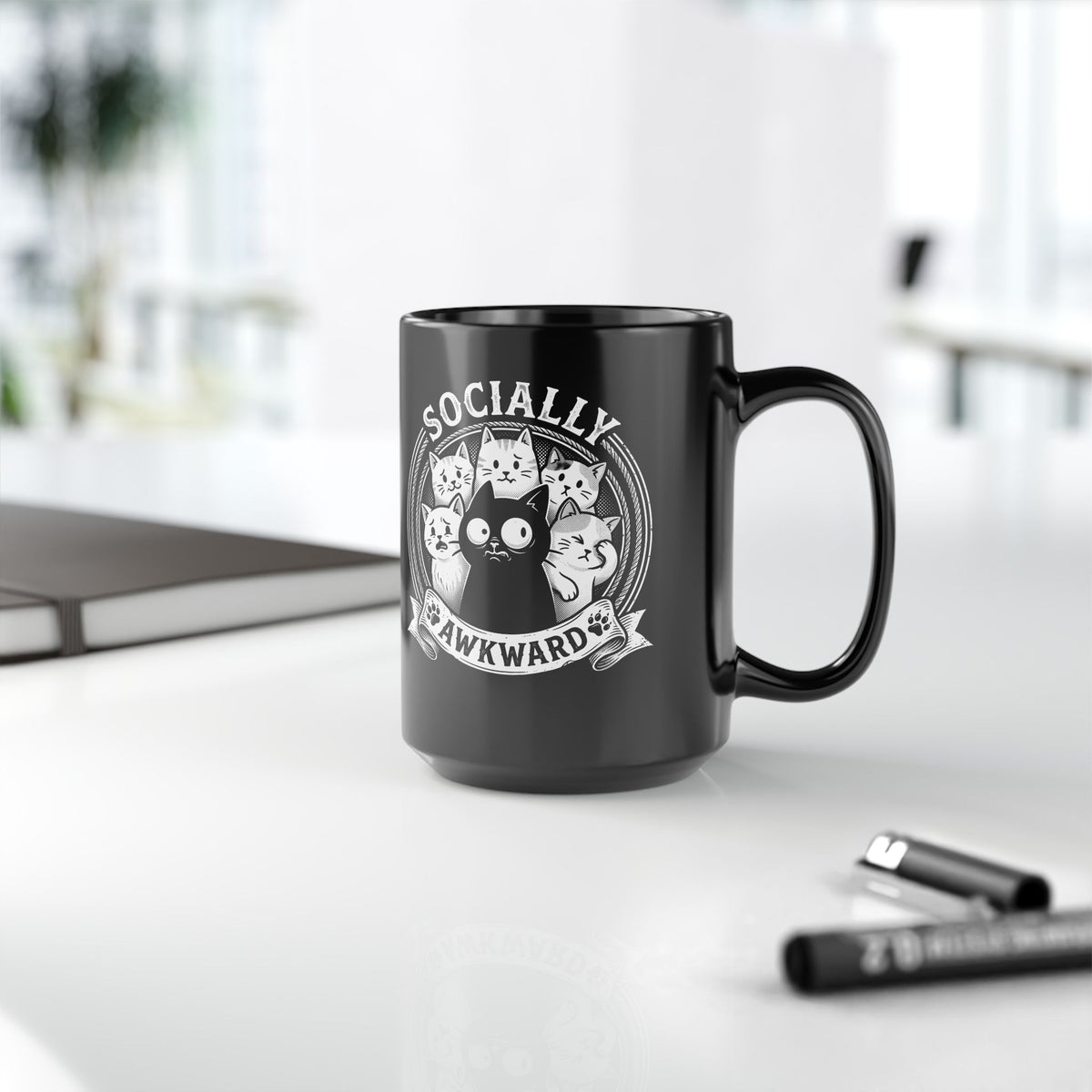 Socially Awkward Black Cat Black Mug