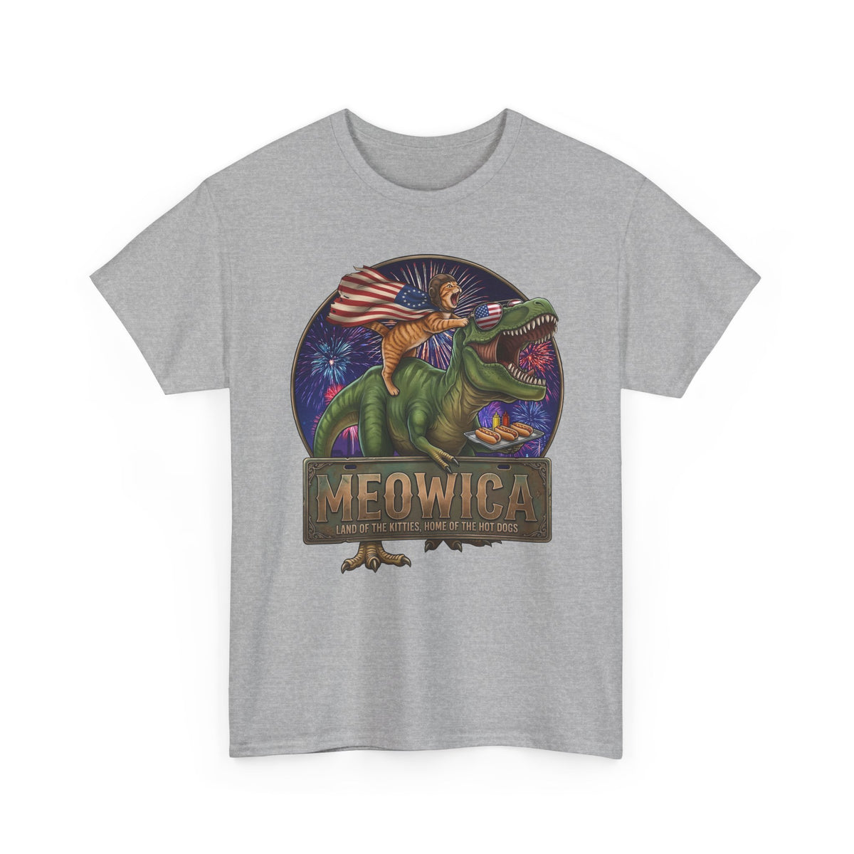 4th of July Cat Riding T‑Rex T‑Shirt "Meowica: Land of the Kitties" Patriotic Graphic