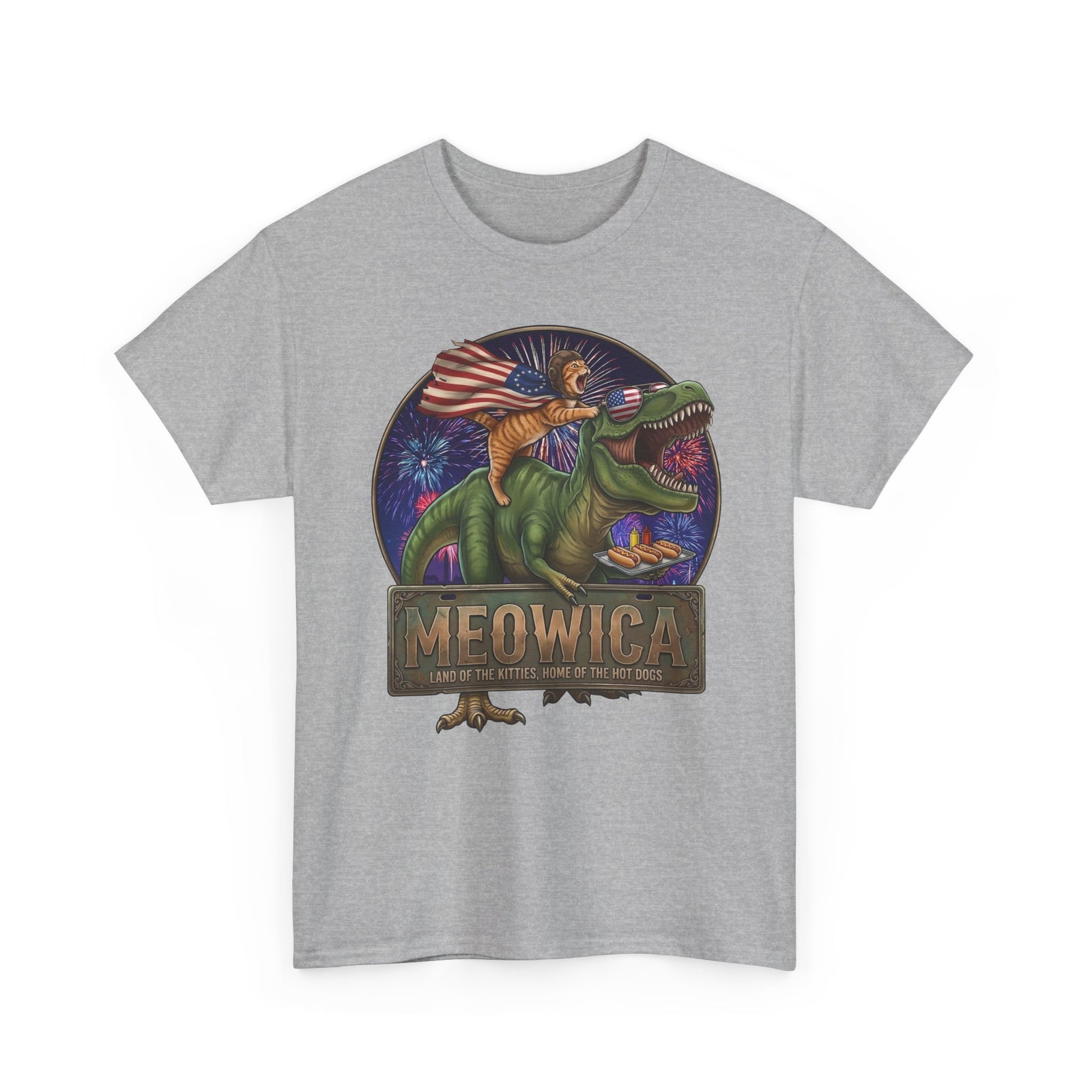 4th of July Cat Riding T‑Rex T‑Shirt "Meowica: Land of the Kitties" Patriotic Graphic