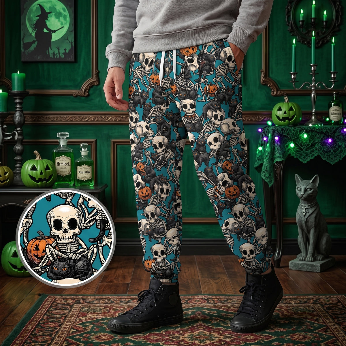 Black Cat Skeleton Halloween Sweatpants